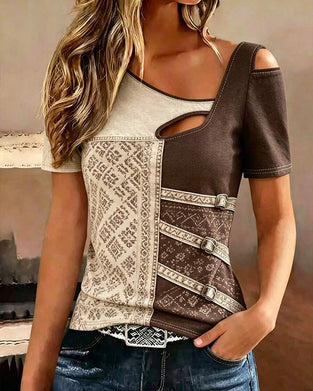 Blouse Bloc De Couleur Manche Courte