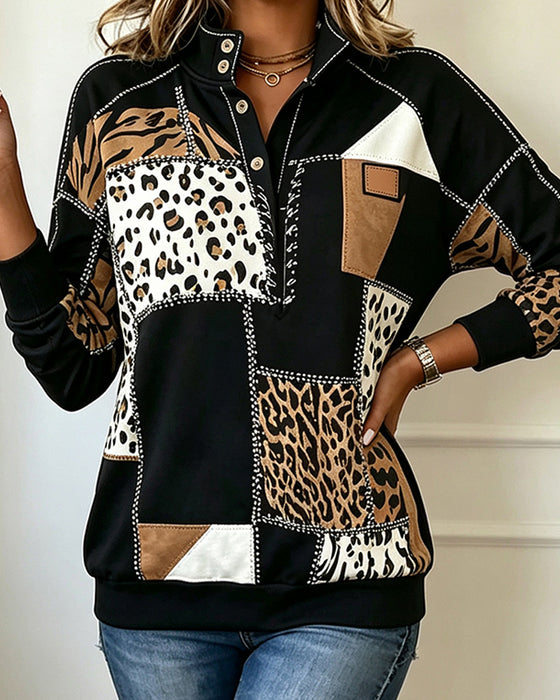 Sweatshirt Léopard Patchwork Col Montant