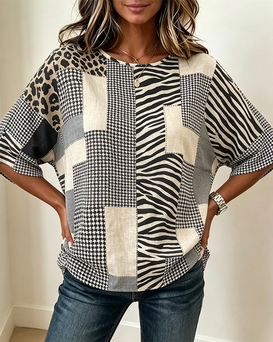 Blouse Col Rond Patchwork Plaid Léopard