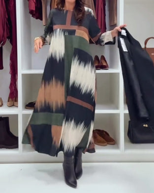 Robe Tendance Imprimée À Col Rond Et Manches Longues