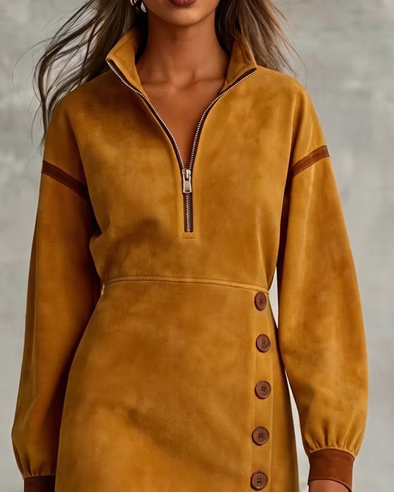 Robe Demi Fermeture Éclair Col Montant Cintrage Taille Court