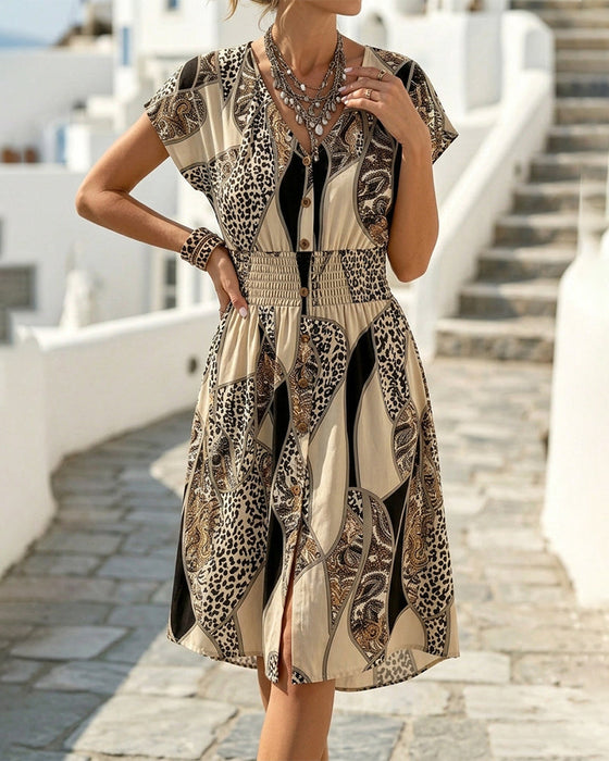 Robe Léopard Imprimé Col V Bouton Taille
