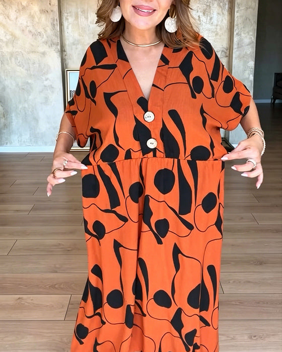 Robe Col En V Bouton Taille Haute Évasée