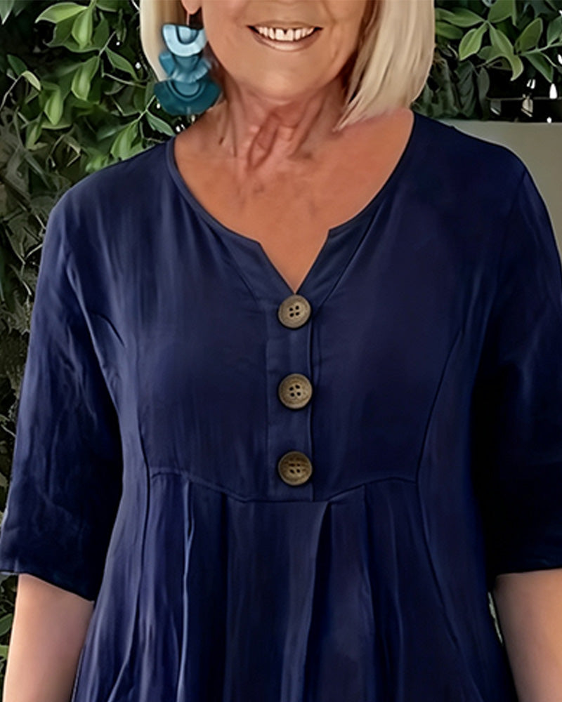 Robe Col V Boutonnée Décontractée