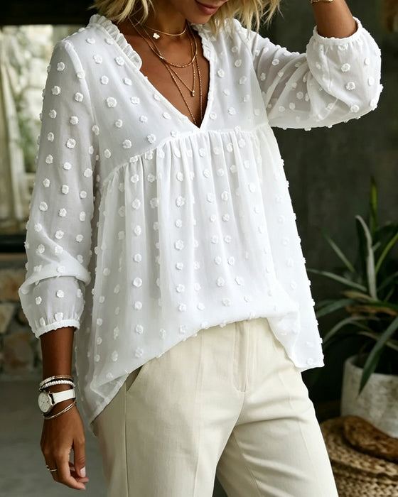 Blouse Col V Manche Longue Plissée
