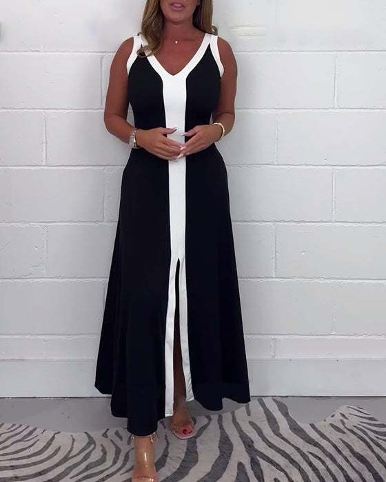 Robe fendue sans manches bloc de couleur