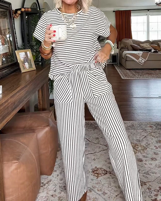 Ensemble Col Rond Rayé Taille Élastique Poche