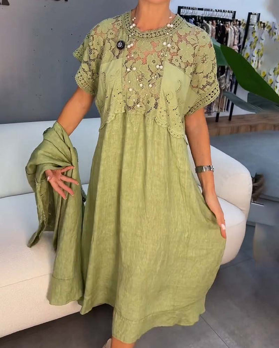 Robe Élégante Dentelle-Garni Patchwork Maxi