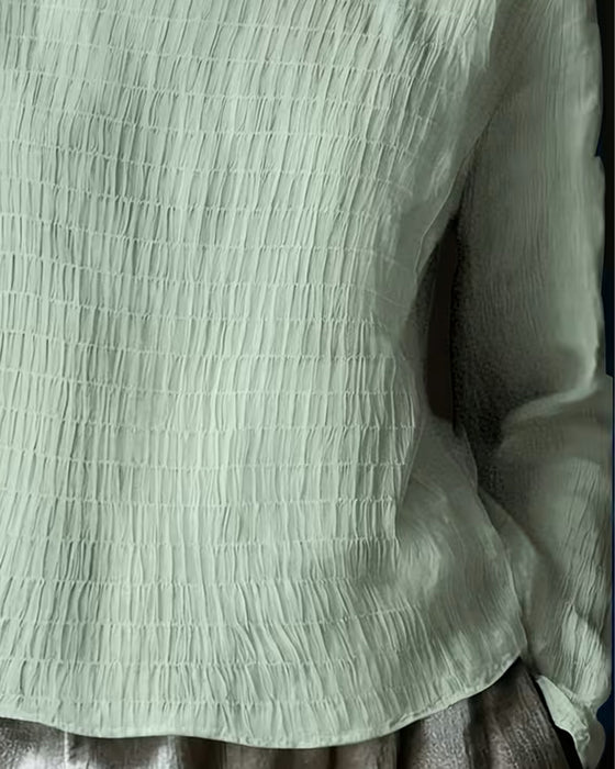 Blouse Col Rond Froncé Dentelle Panneau Unie