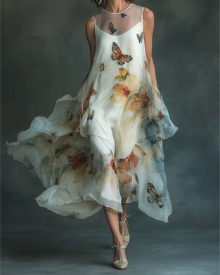 Robe Sans Manches Papillon Imprimé