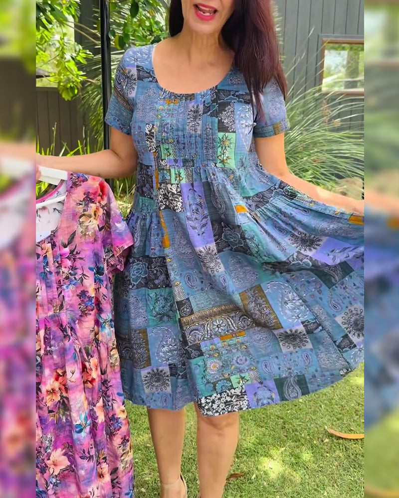 Robe Col Rond Plissée Imprimée Trapèze