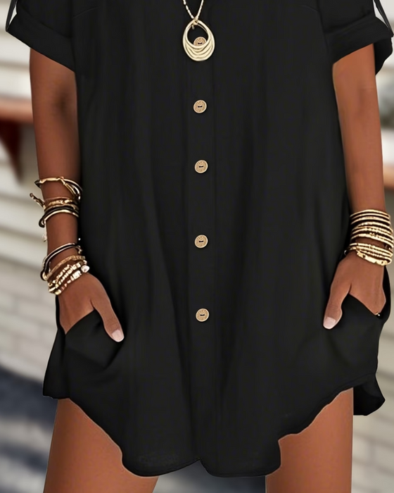 Robe Boutonnée Manches Courtes Chemise Décontractée