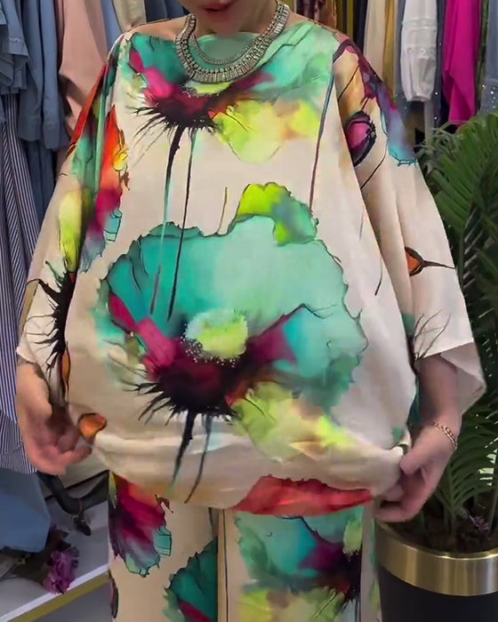 Ensemble asymétrique à manches trois-quarts à imprimé lotus