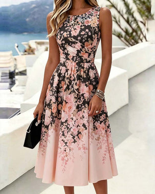 Robe Sans Manches Col Rond Taille Haute Imprimée