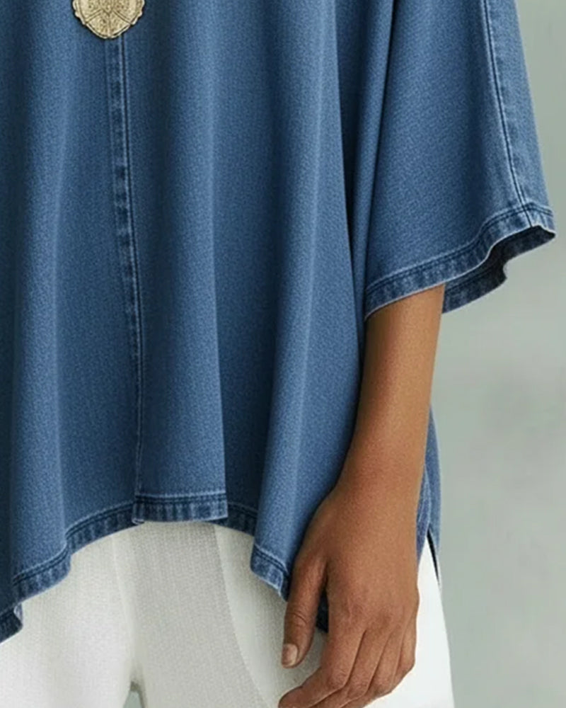 Blouse En Denim Ample À Col En V Irrégulier