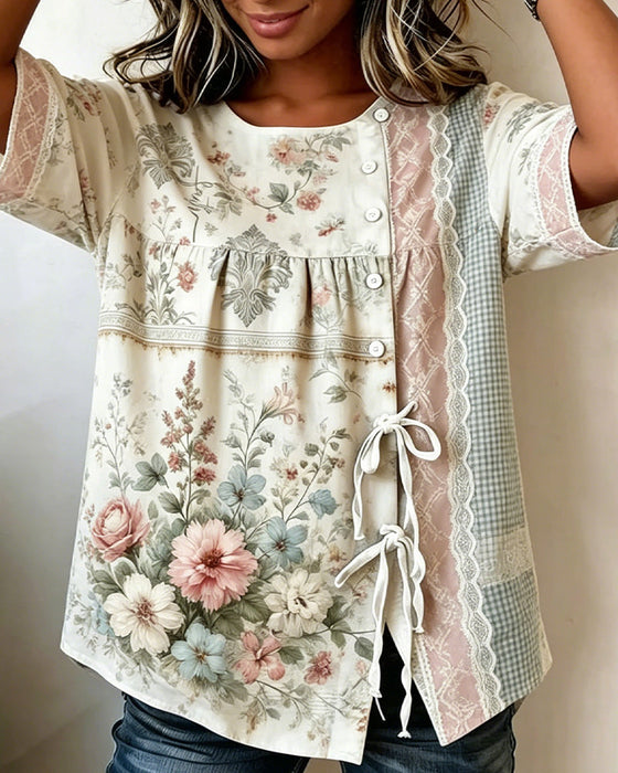 Blouse Imprimé Floral Rétro Décontractée