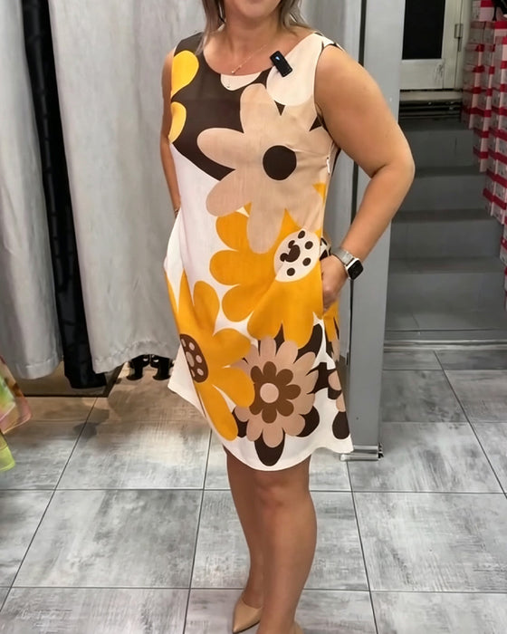 Robe Col Rond Imprimée Sans Manches