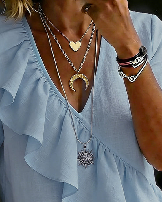 Blouse Col V Manches Courtes Volantée