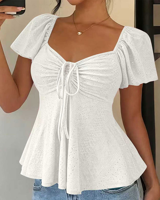Blouse Ajourée Cordon Manches Courtes Unie