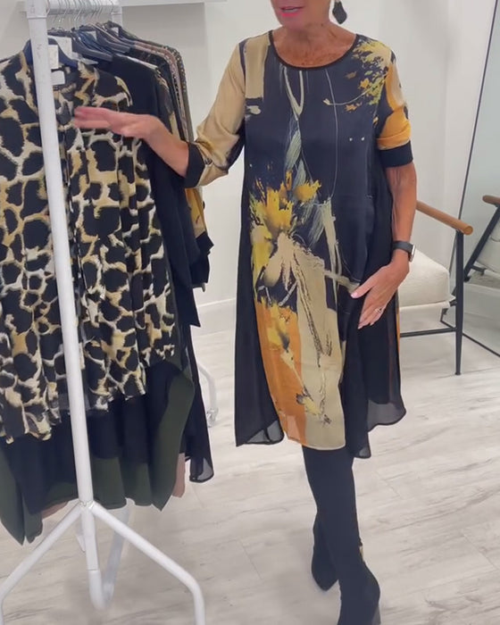 Robe À Col Rond Et Imprimé Rétro