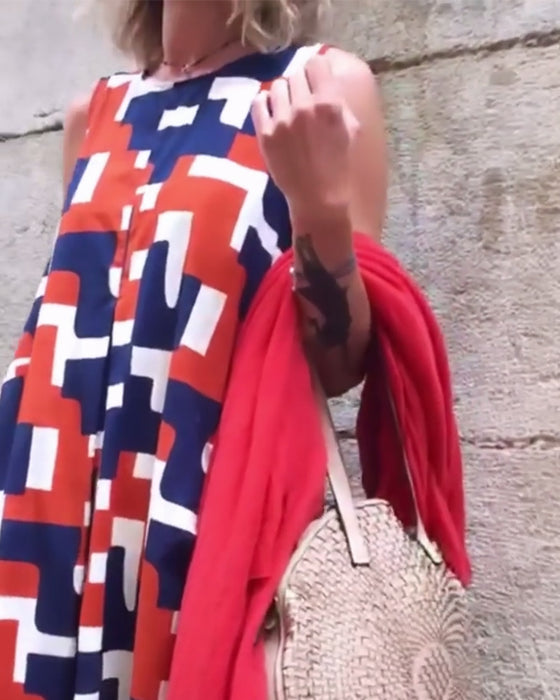 Robe à poches sans manches à imprimé géométrique