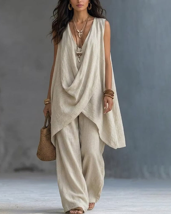 Ensemble Sans Manches Col V Crossover Pantalon Droit