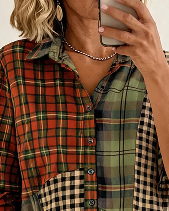 Chemise Revers Bloc De Couleur À Carreaux Manches Longues