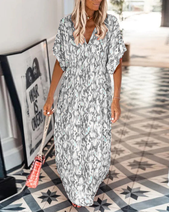 Robe tendance à col en V imprimée à manches courtes