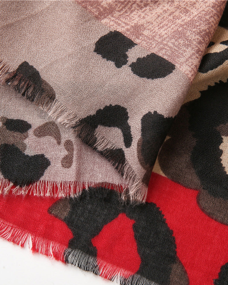 Écharpe Femme Léopard Patchwork Imprimé Franges Châle