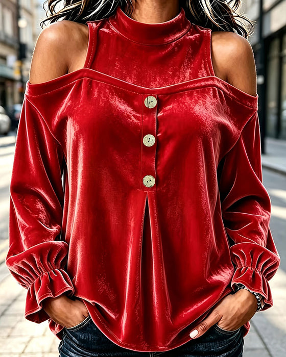 Blouse Velours Bardot Bouton En Bois