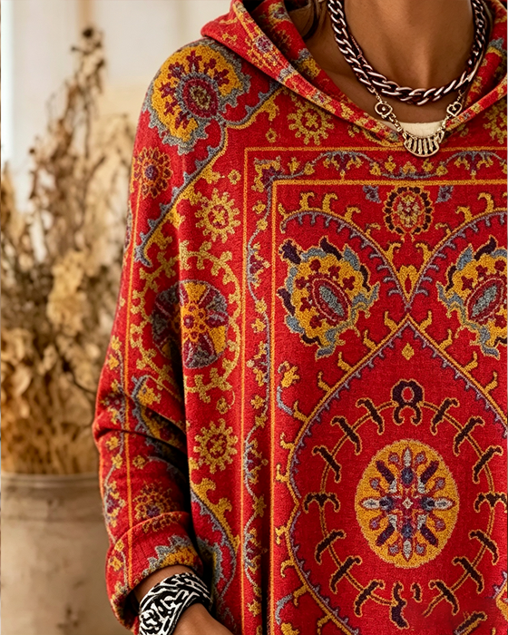 Hoodie Imprimé Bohémien Capuche Longue Ligne