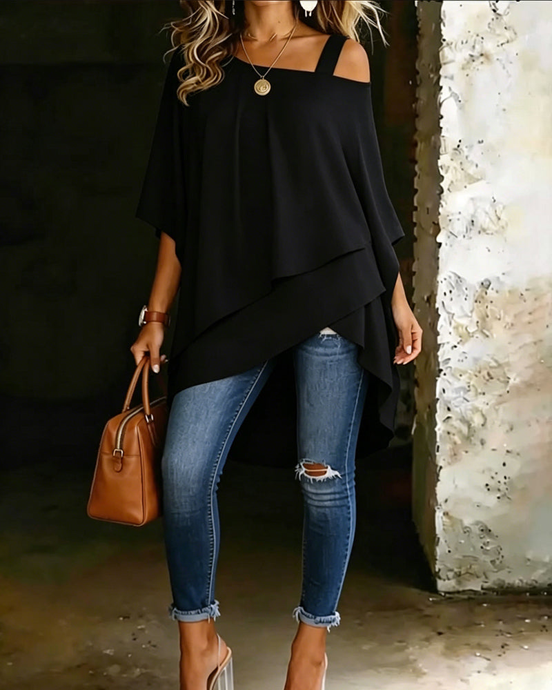 Blouse Asymétrique Épaule Dénudée Unie Décontractée