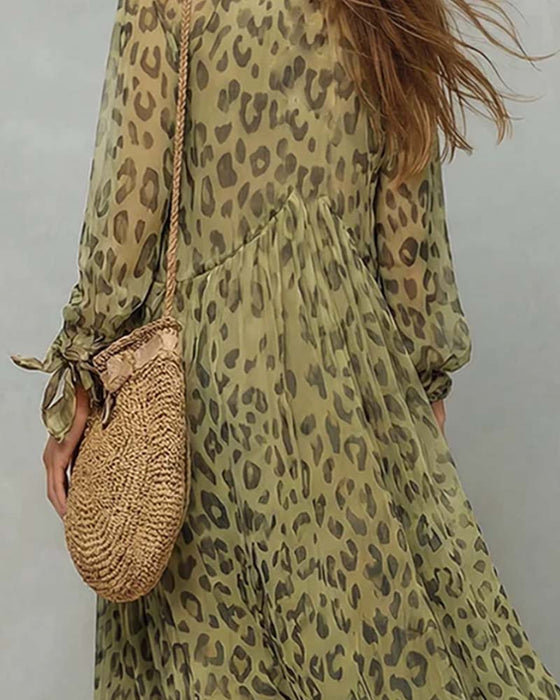 Robe Col En V Manches Longues Léopard Maxi