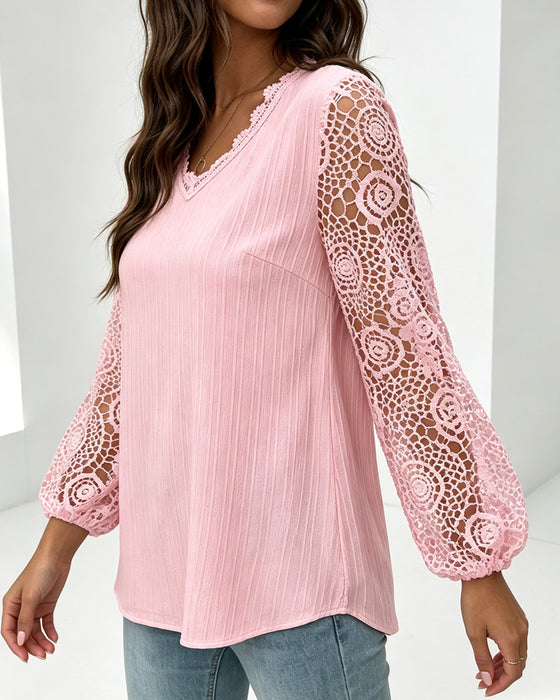 Blouse Col V Manche Lanterne Décontractée