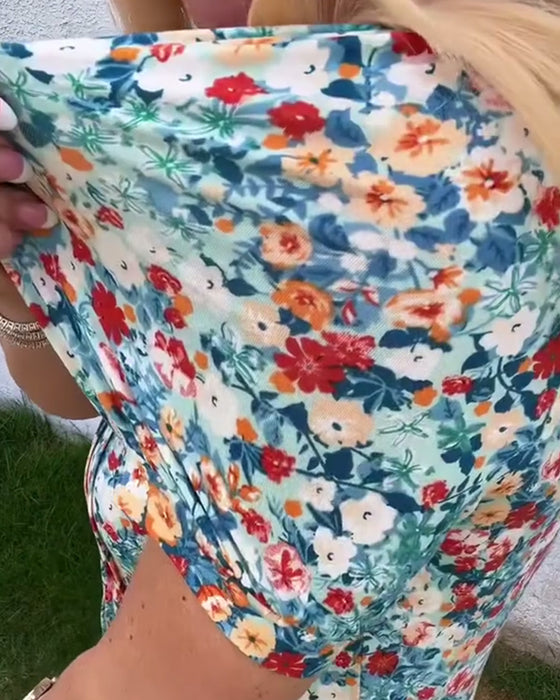 Blouse Manches Courtes Imprimé Fleuri Plissée