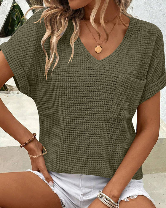 T-Shirt Femme Maille Gaufrée Col V Décontracté Été