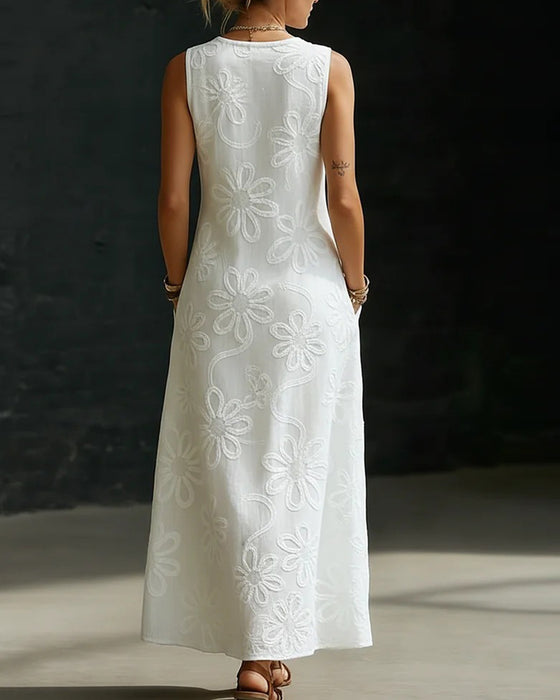 Robe Longue Col En V Motif Floral Bouton Diagonal