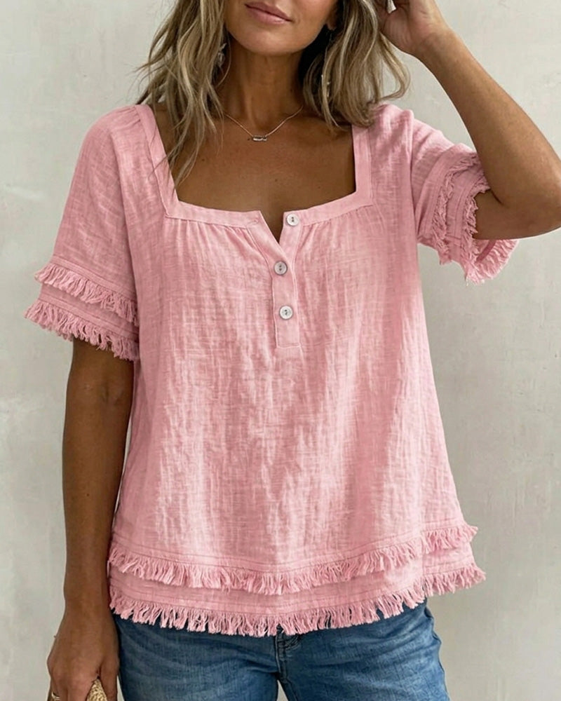 Blouse Col Carré Demi-Patte Frange