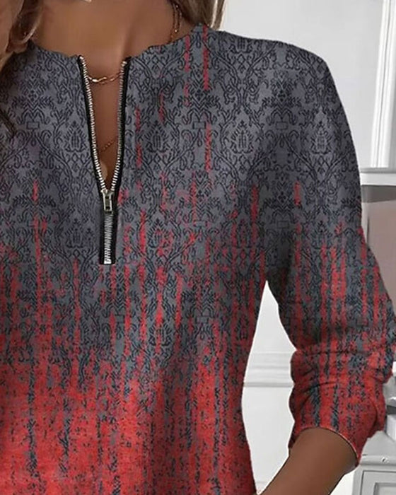 Sweatshirt Dégradé Imprimé Vintage Demi-Fermeture Éclair
