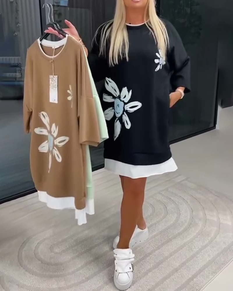 Robe Sweatshirt Col Rond Imprimé Patchwork