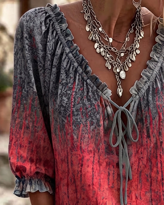 Blouse Dégradé Tie-Dye Cordon Manche Trois Quarts