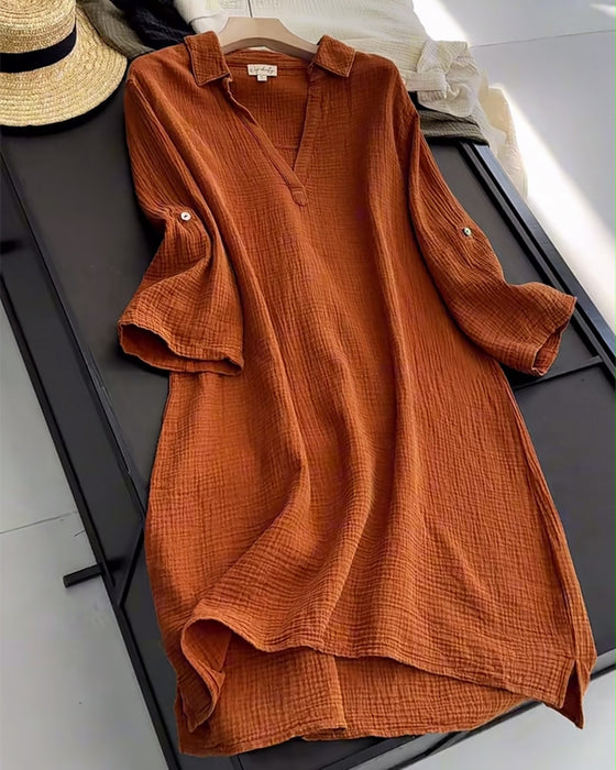 Robe Manches Longues Unie Simple Col Revers