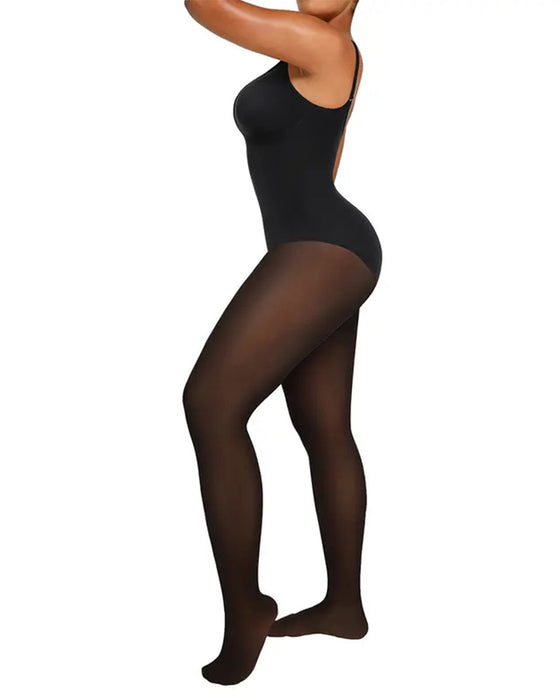 Panneau Transparent Avec Collant Doublé Polaire Stay-Warm Contrôle Du Ventre Effet Transparent Collant Bodysuit Noir Basique