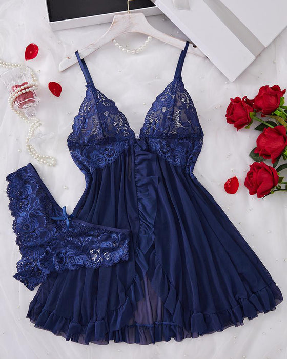 Chemise de Nuit Décolletée & Culotte Décor Nœud Set Femme Sexy Volant Dentelle