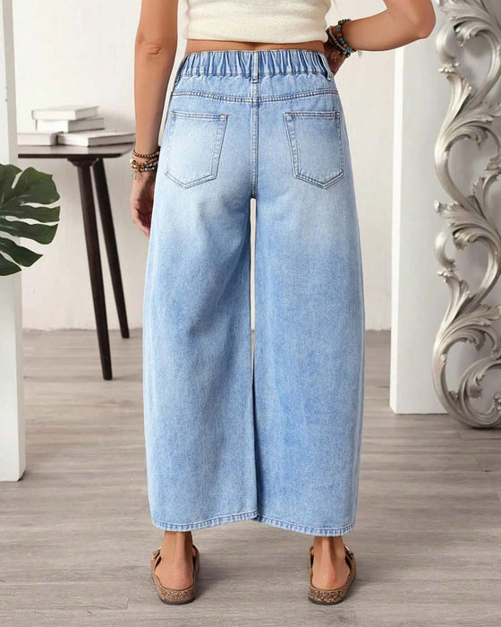 Jean Denim Taille Élastique Large Jambe Cropped