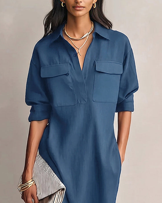 Robe Unie Col Revers Décontractée