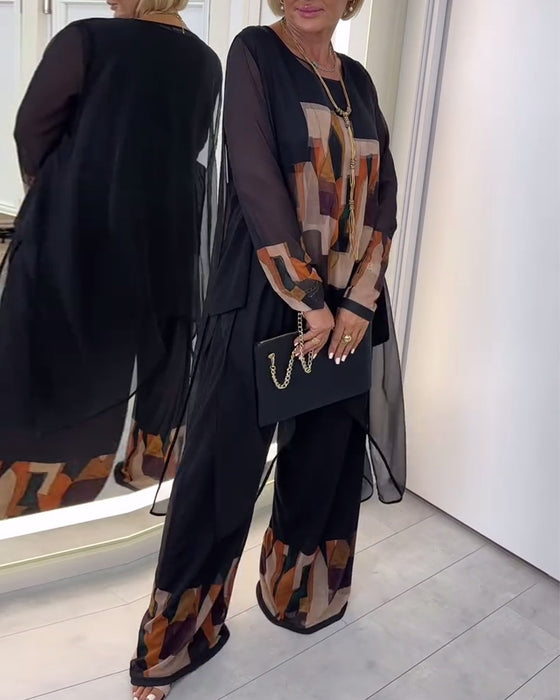 Costume Élégant À Manches Longues Imprimé Jambes Larges