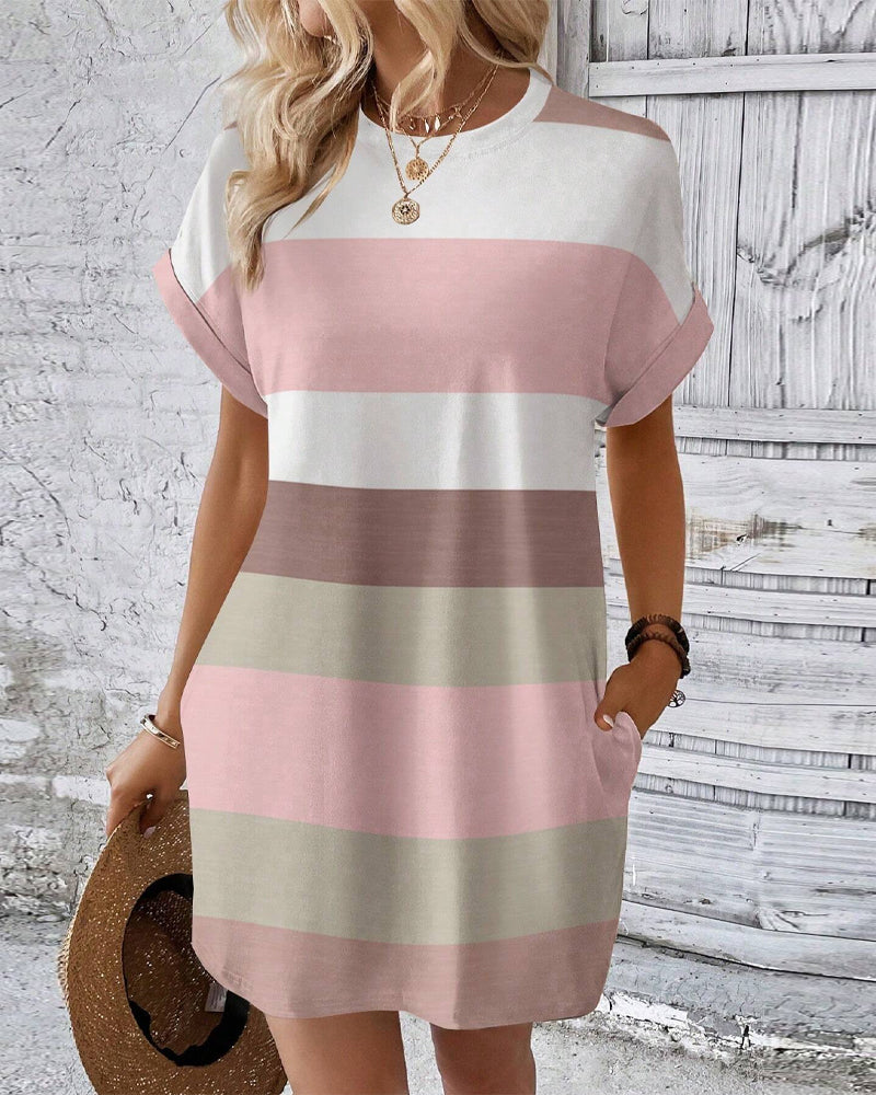 Robe À Manches Courtes À Rayures Décontractée