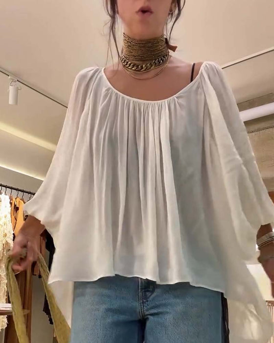 Blouse Manches Ballon Lanterne Froncée Col Rond