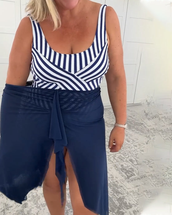 Ensemble Maillot de Bain à Encolure U Rayé Une Pièce